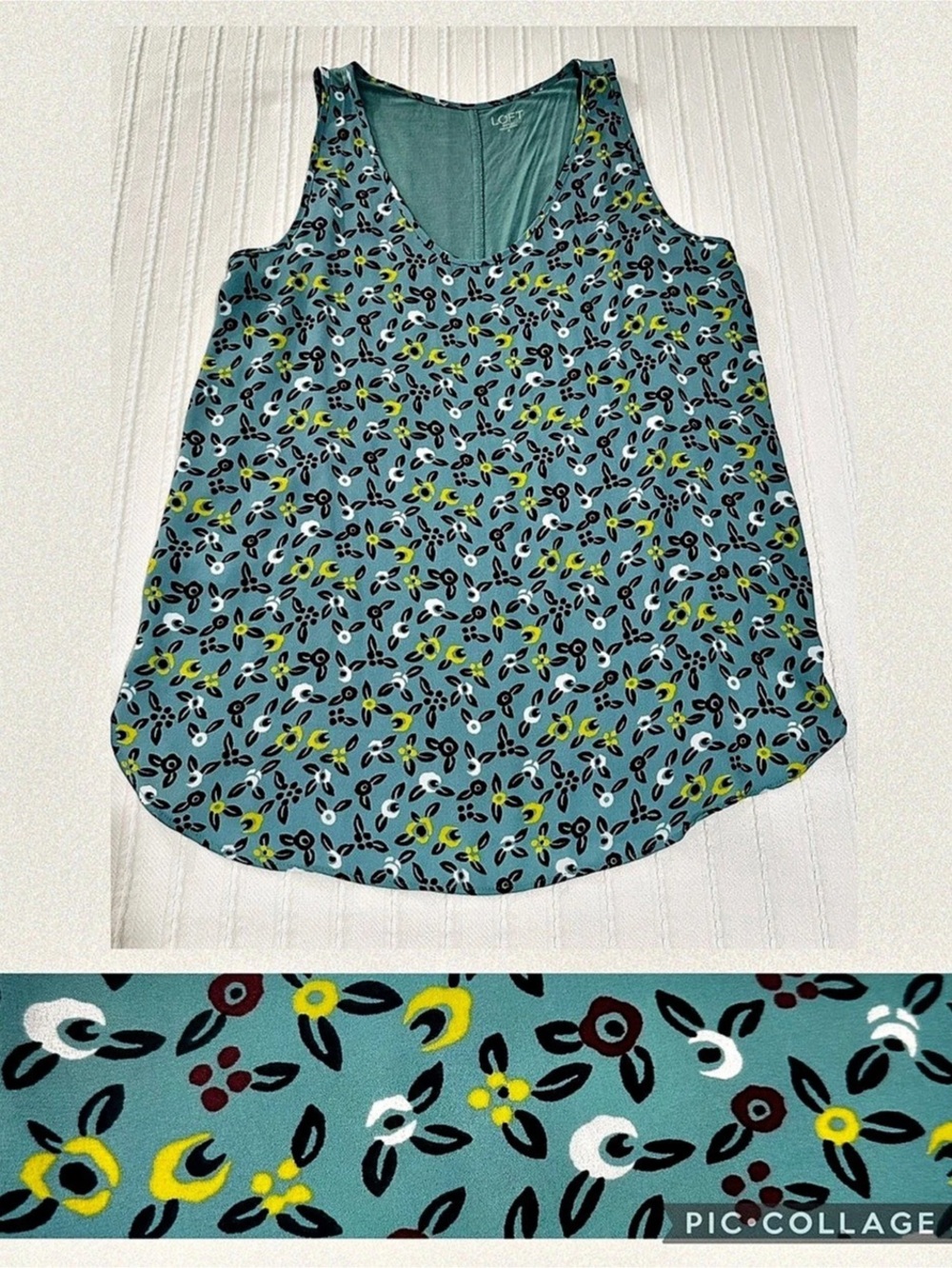 LOFT Floral Tank Top in Teal Blue with Yellow Purple White Flowers